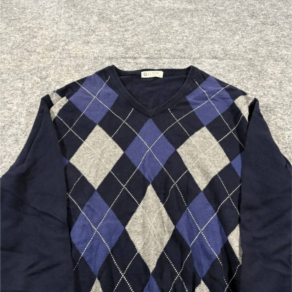 J CREW Preppy Sweater Mens Cashmere Cotton Argyle Pullover Blue Sz L Academia